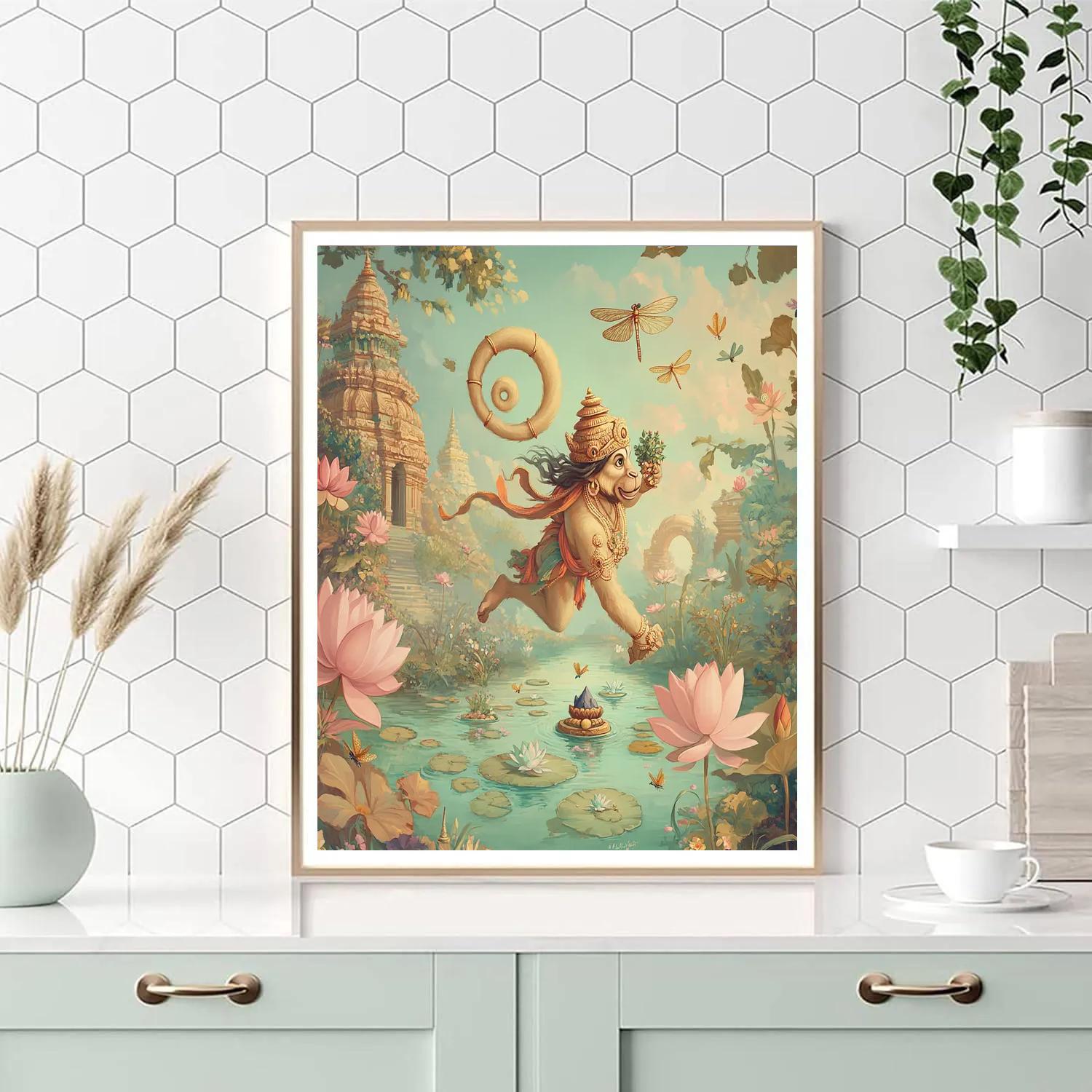 Garden Of Floating Lotuses With Hanuman In Flight painting number kit