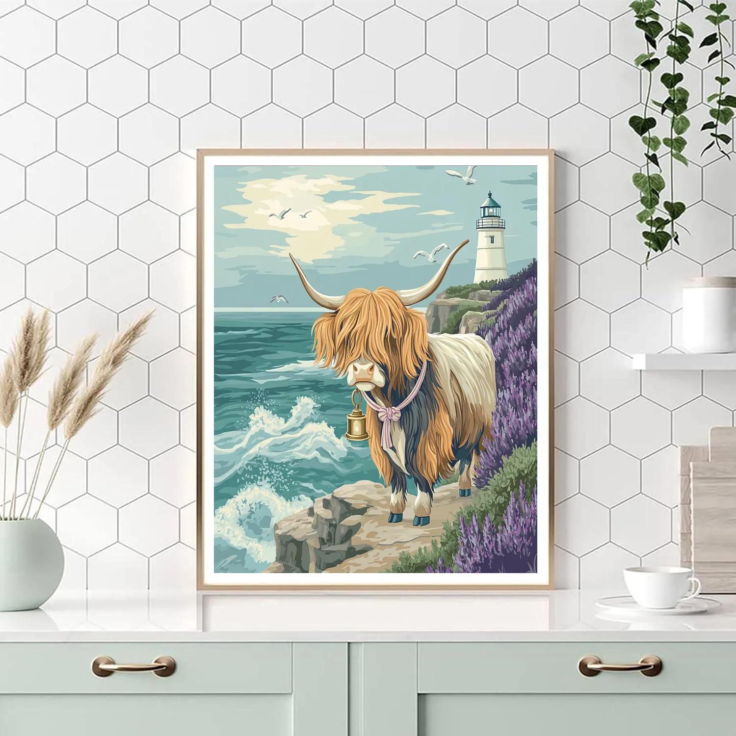Highland Cow Lighthouse Keeper Number painting