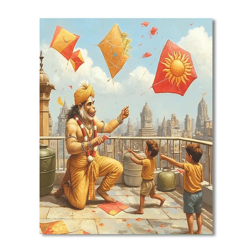 City Rooftop Kite Festival With Hanuman Paint by numbers art