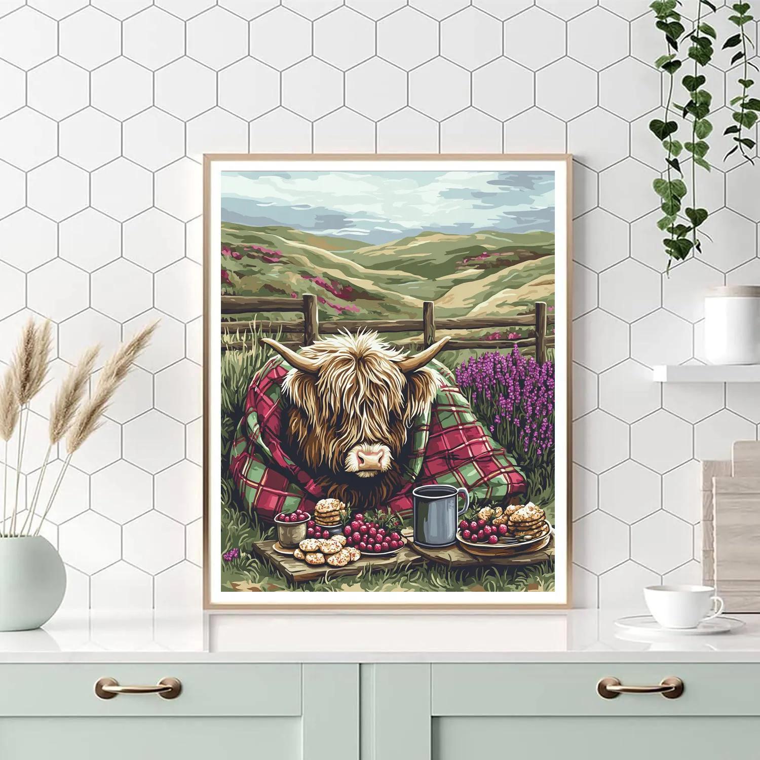 Tartan Picnic With Highland Cow DIY paint by numbers