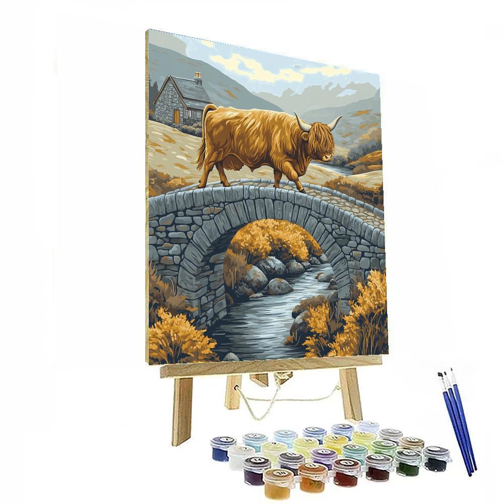 Stone Bridge Crossing, Highland Cow paint by numbers