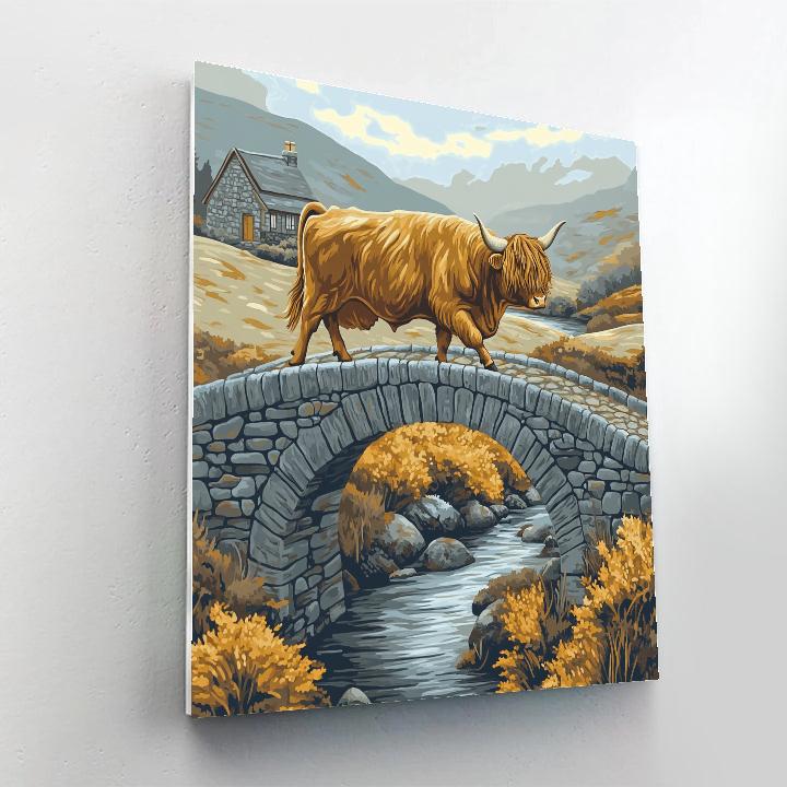 Stone Bridge Crossing, Highland Cow paint by numbers