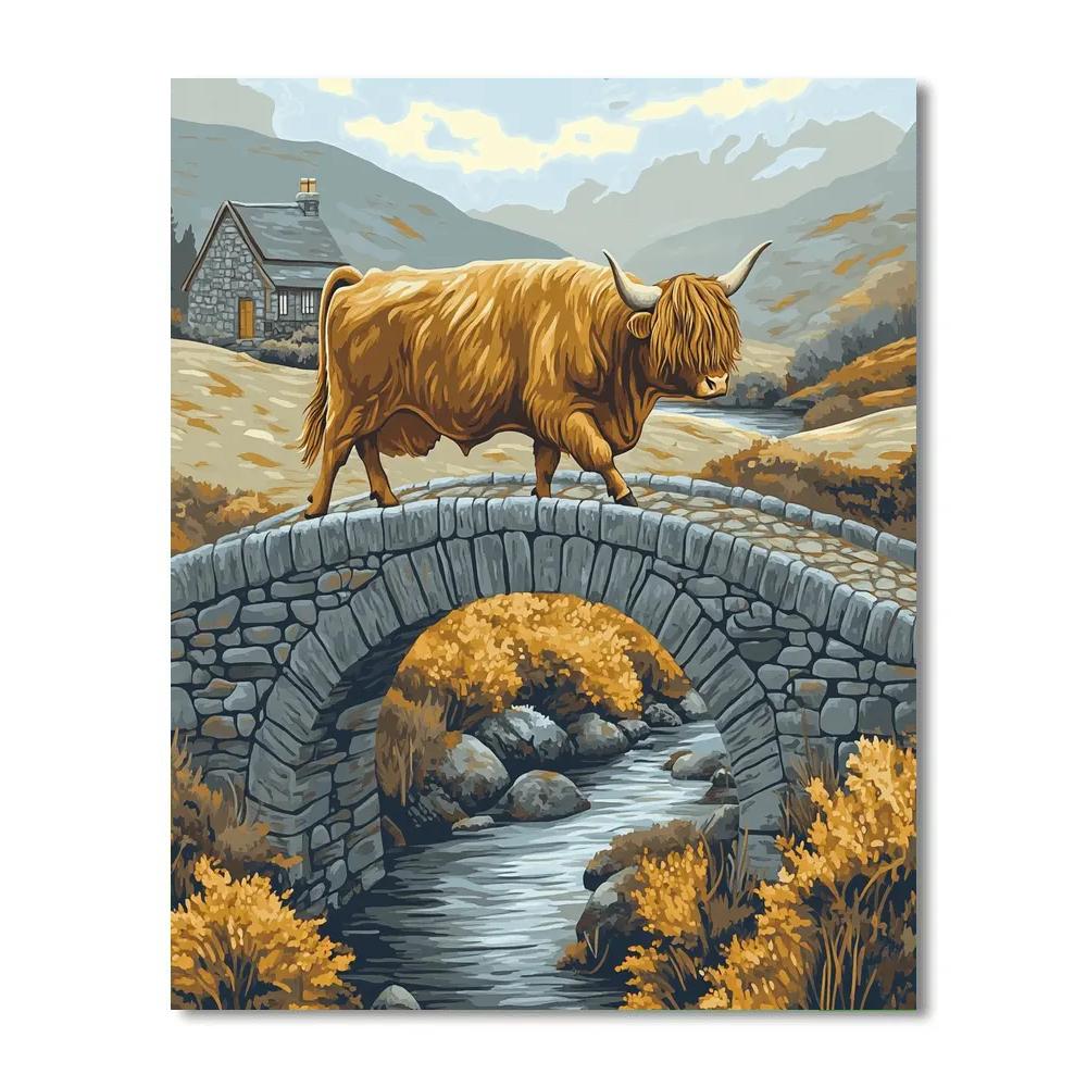 Stone Bridge Crossing, Highland Cow paint by numbers