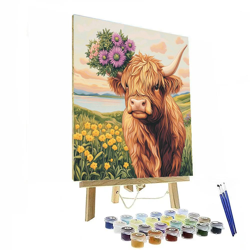 Highland Cow And The Floating Thistle Bouquet paint by color