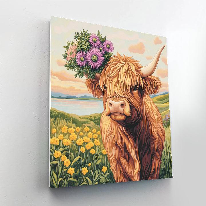 Highland Cow And The Floating Thistle Bouquet paint by color