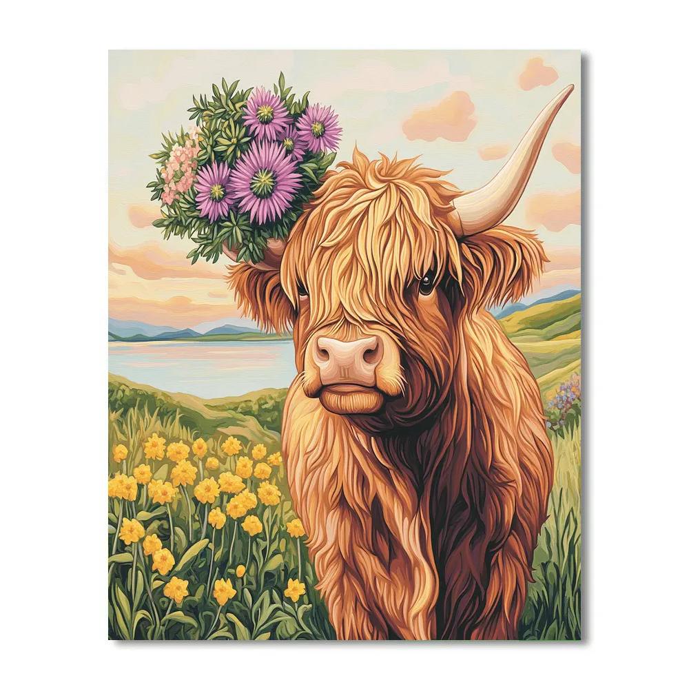 Highland Cow And The Floating Thistle Bouquet paint by color