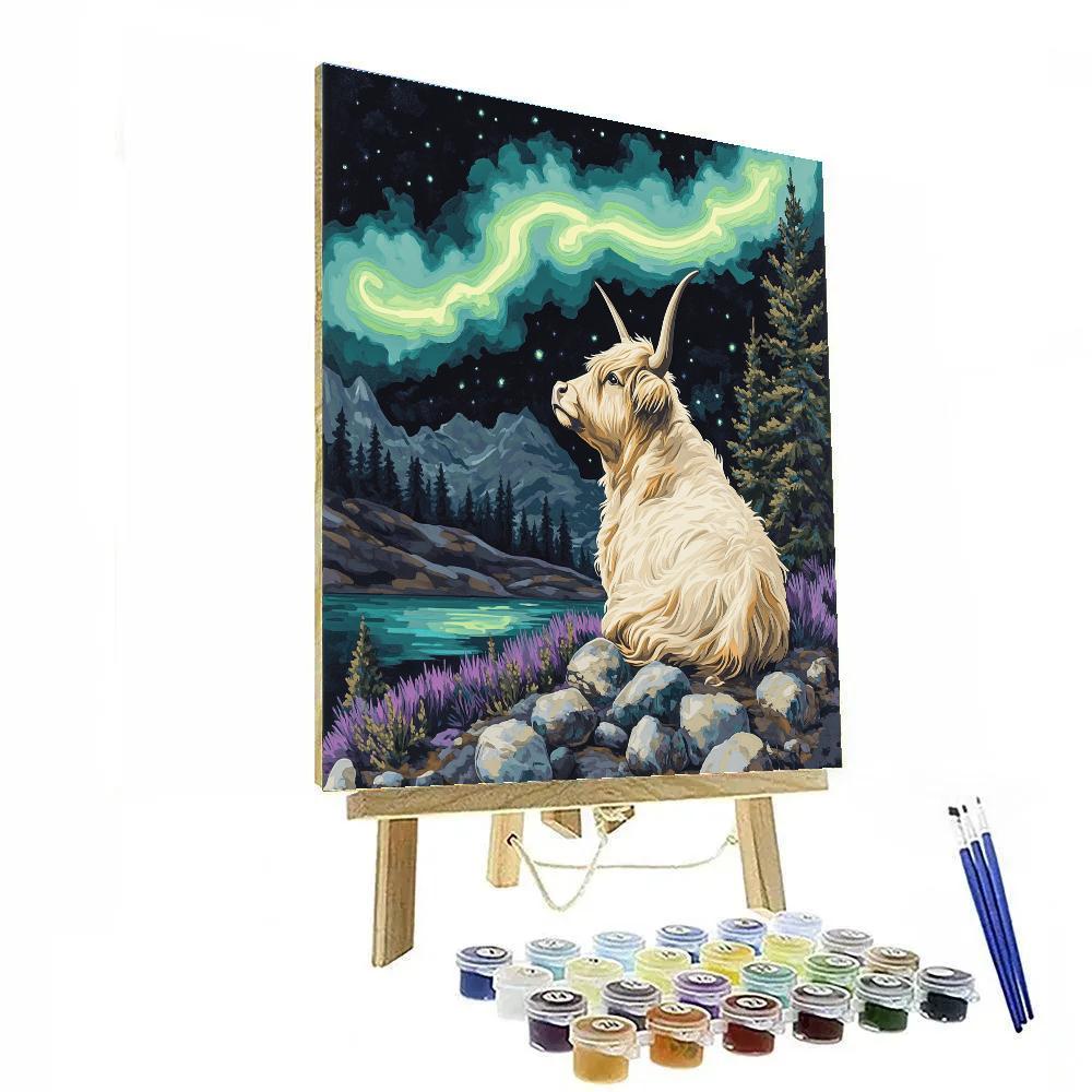 Highland Cow Under Aurora Ribbons paint by numbers