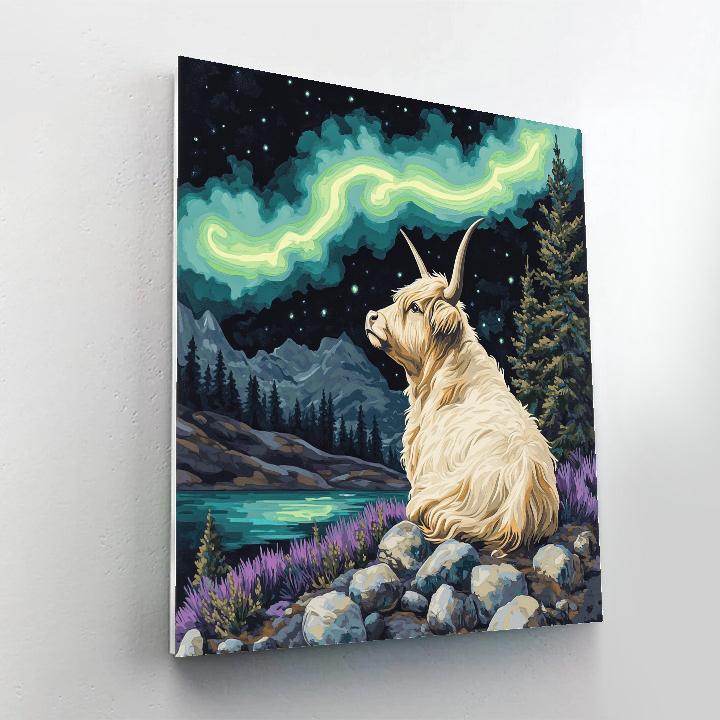 Highland Cow Under Aurora Ribbons paint by numbers