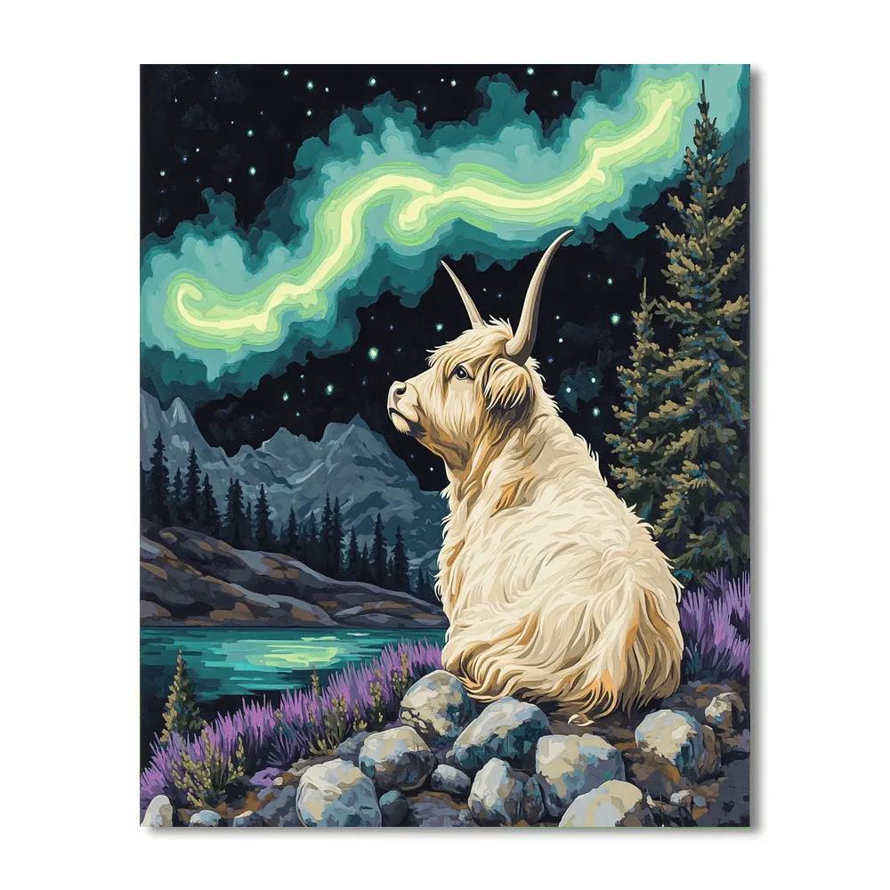 Highland Cow Under Aurora Ribbons paint by numbers