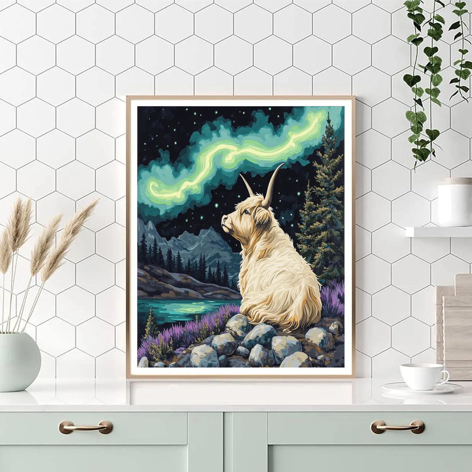 Highland Cow Under Aurora Ribbons paint by numbers