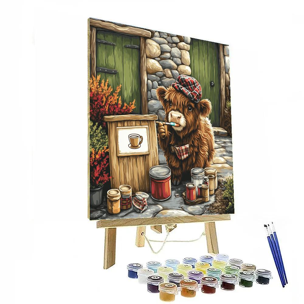 Highland Cow Tea Room Sign Painter paint by numbers