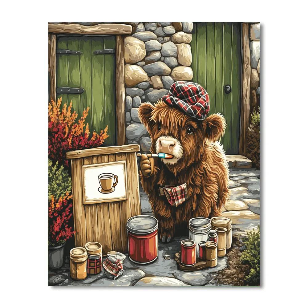 Highland Cow Tea Room Sign Painter paint by numbers
