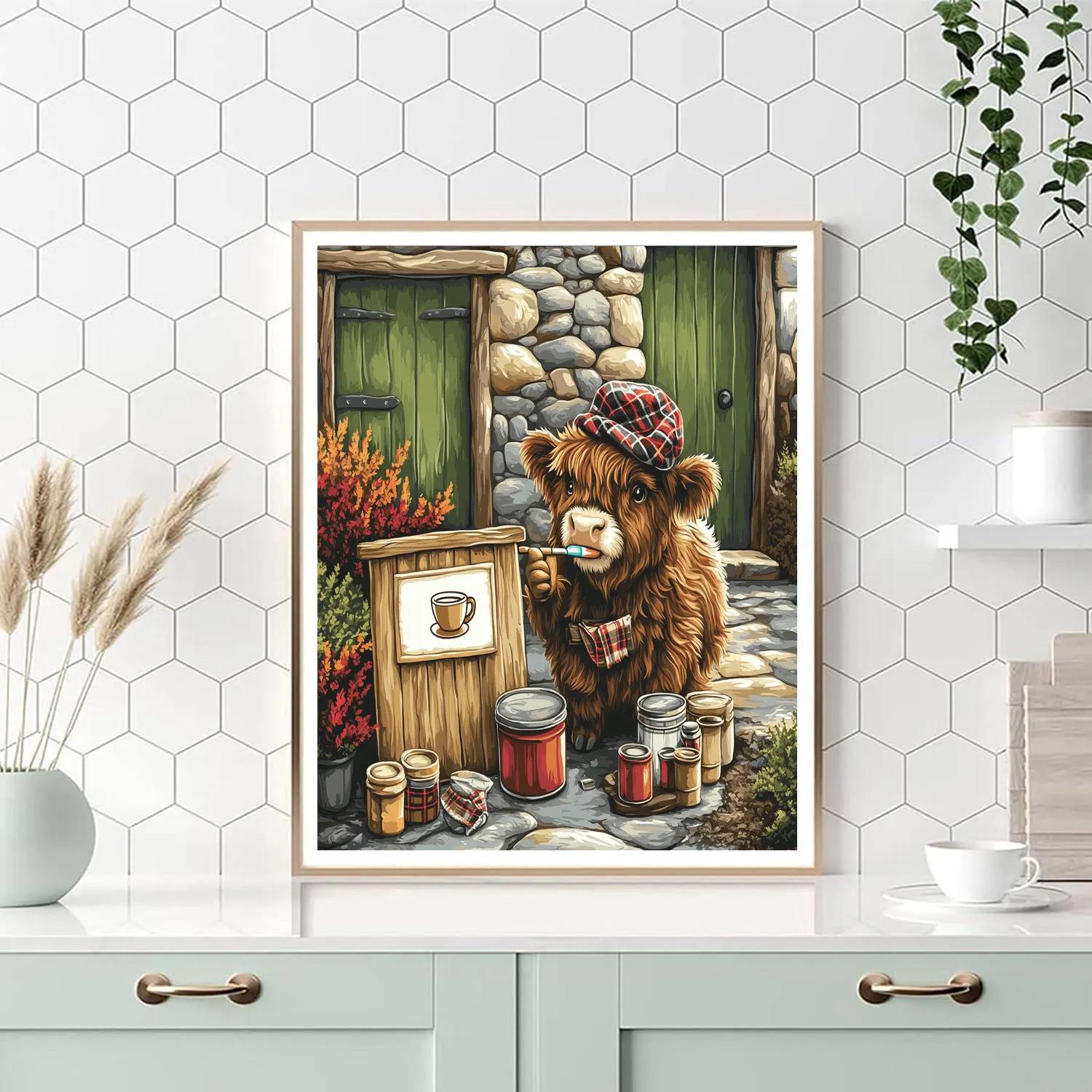 Highland Cow Tea Room Sign Painter paint by numbers