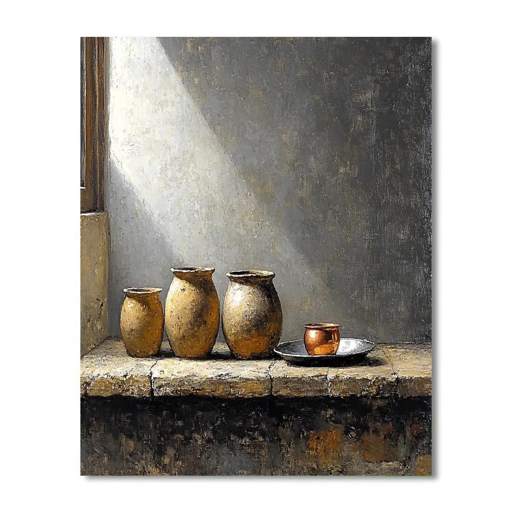Diego Velázquez Inspired Silvery Bodegon Of Earthenware Jars And Copper Glimmer paint by number