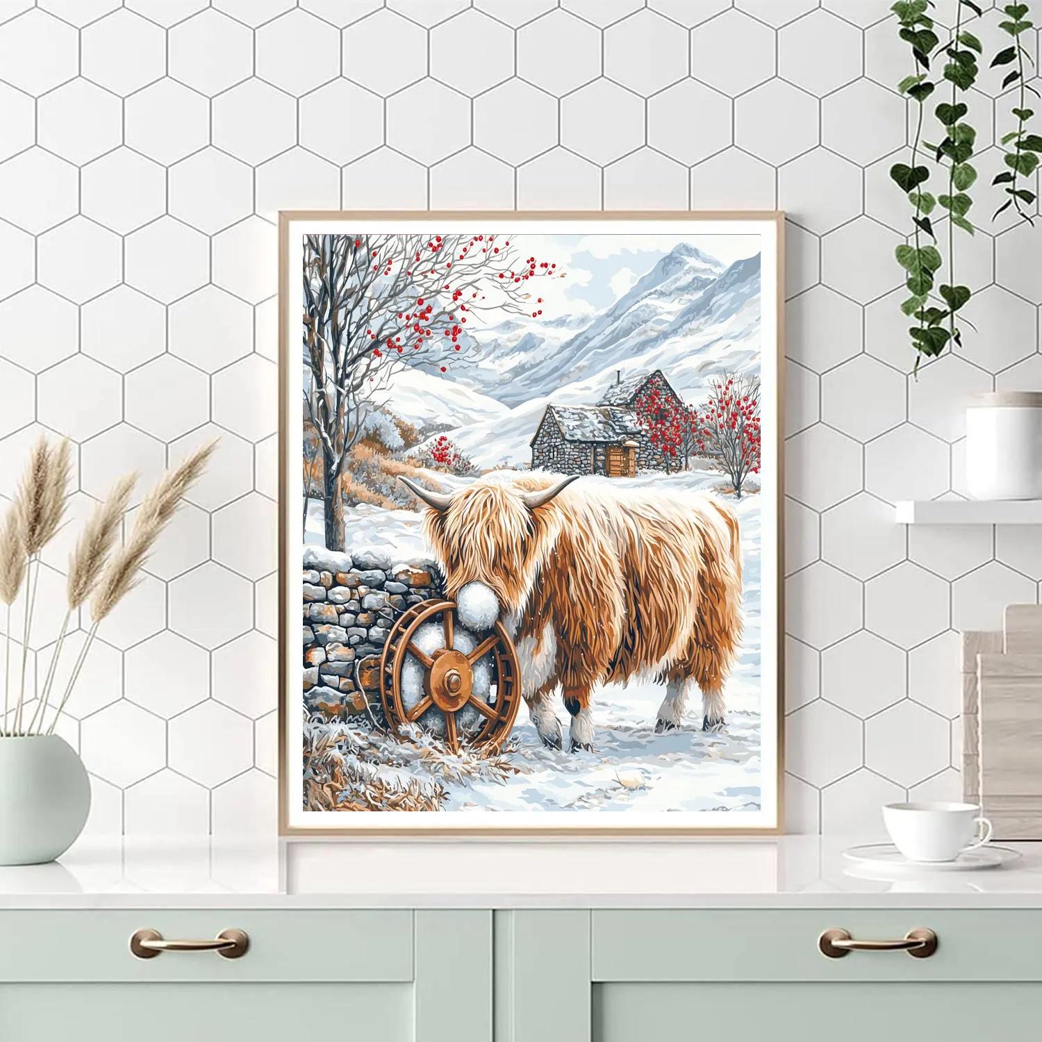 Highland Cow Snowy Wool Spinner Paint by numbers art