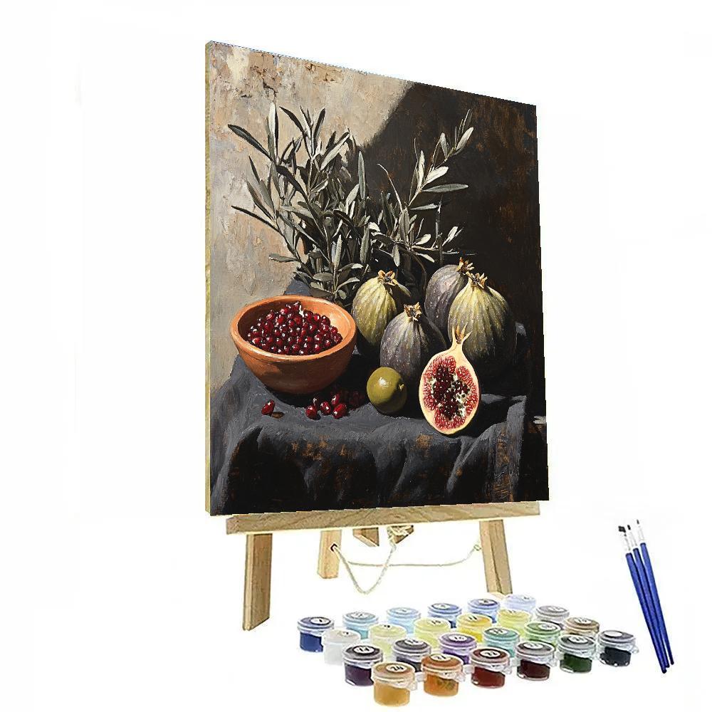 Diego Velázquez Inspired Market Still Life Of Figs Pomegranates And Olive Branches In Dusk Light Paint by numbers art