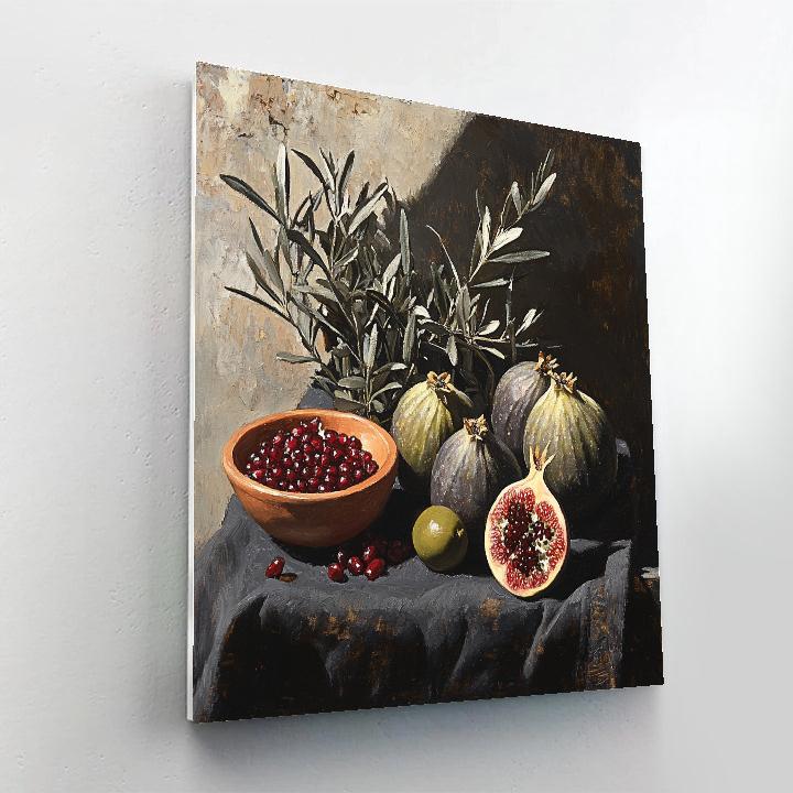 Diego Velázquez Inspired Market Still Life Of Figs Pomegranates And Olive Branches In Dusk Light Paint by numbers art