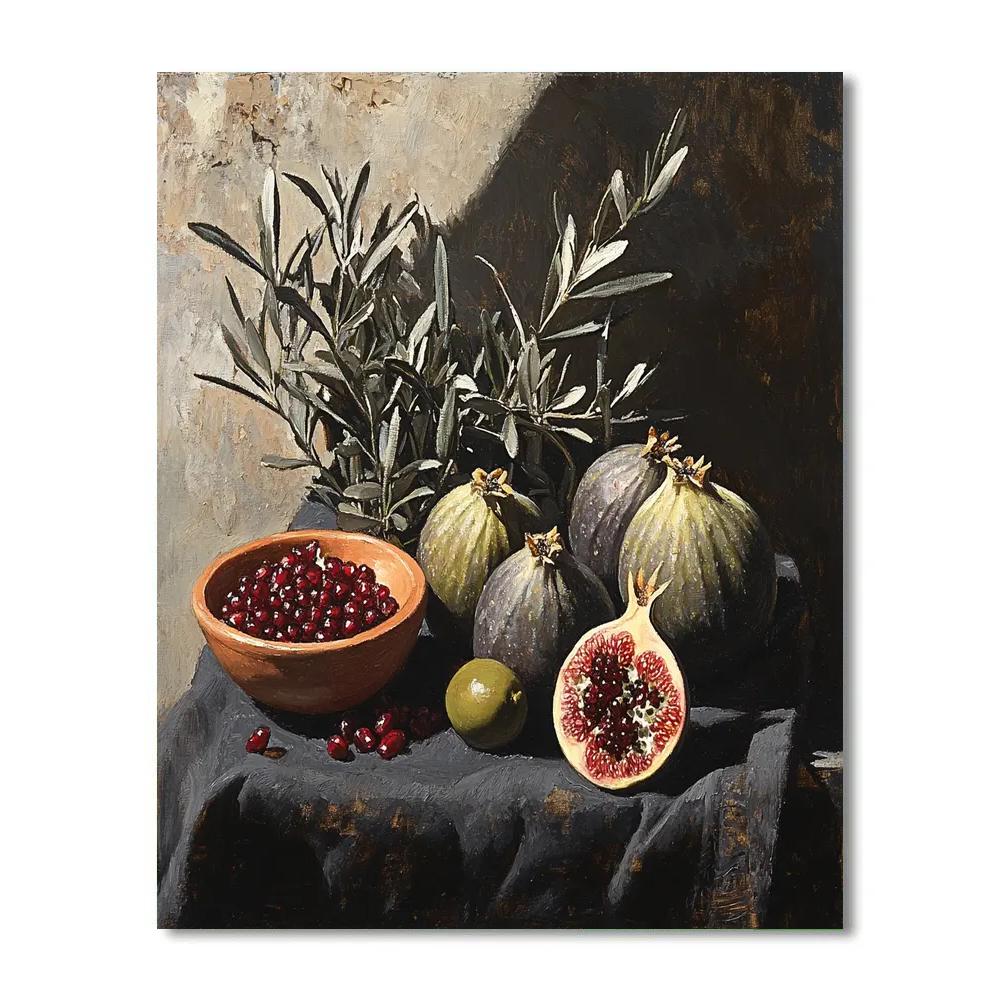 Diego Velázquez Inspired Market Still Life Of Figs Pomegranates And Olive Branches In Dusk Light Paint by numbers art