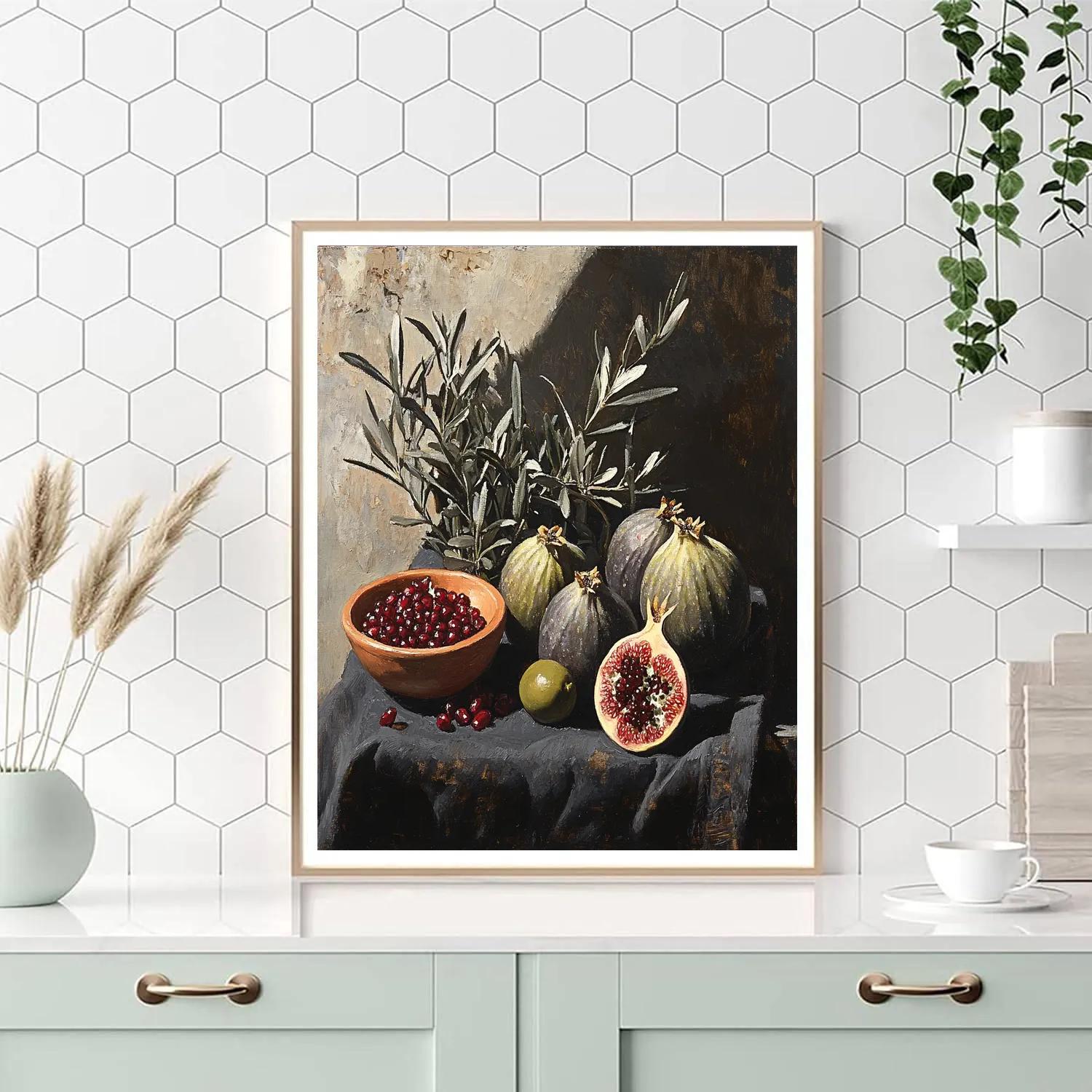 Diego Velázquez Inspired Market Still Life Of Figs Pomegranates And Olive Branches In Dusk Light Paint by numbers art