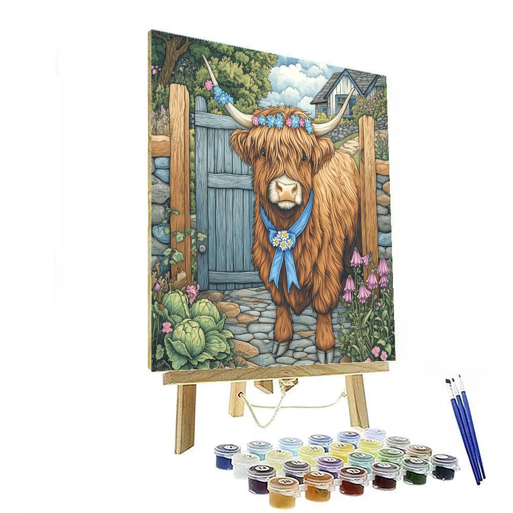 Highland Cow Garden Gate Guardian paint by number