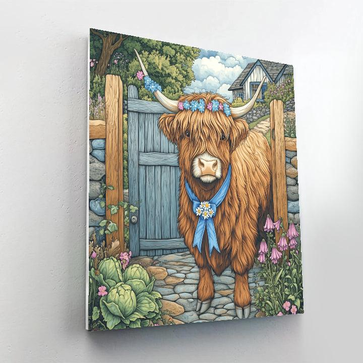 Highland Cow Garden Gate Guardian paint by number