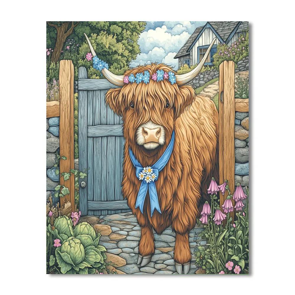 Highland Cow Garden Gate Guardian paint by number