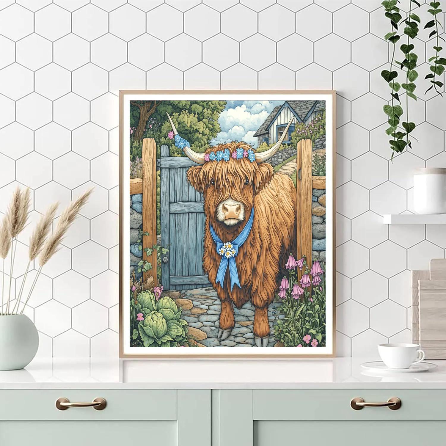 Highland Cow Garden Gate Guardian paint by number