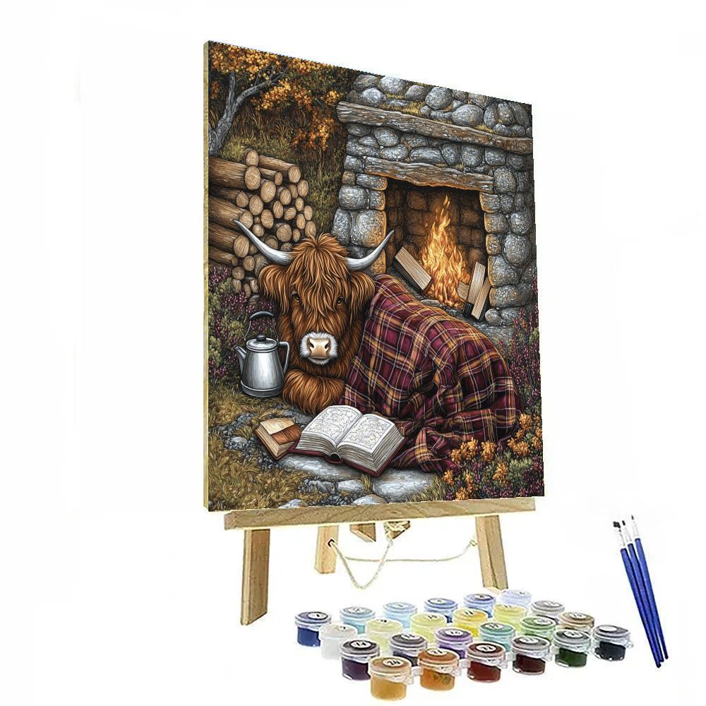 Highland Cow And The Book Nook Bothy Painting by numbers kit