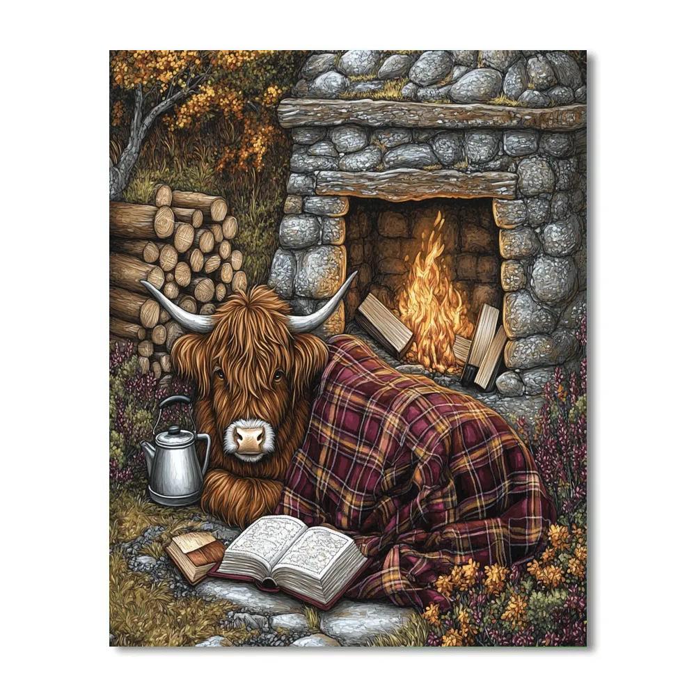 Highland Cow And The Book Nook Bothy Painting by numbers kit