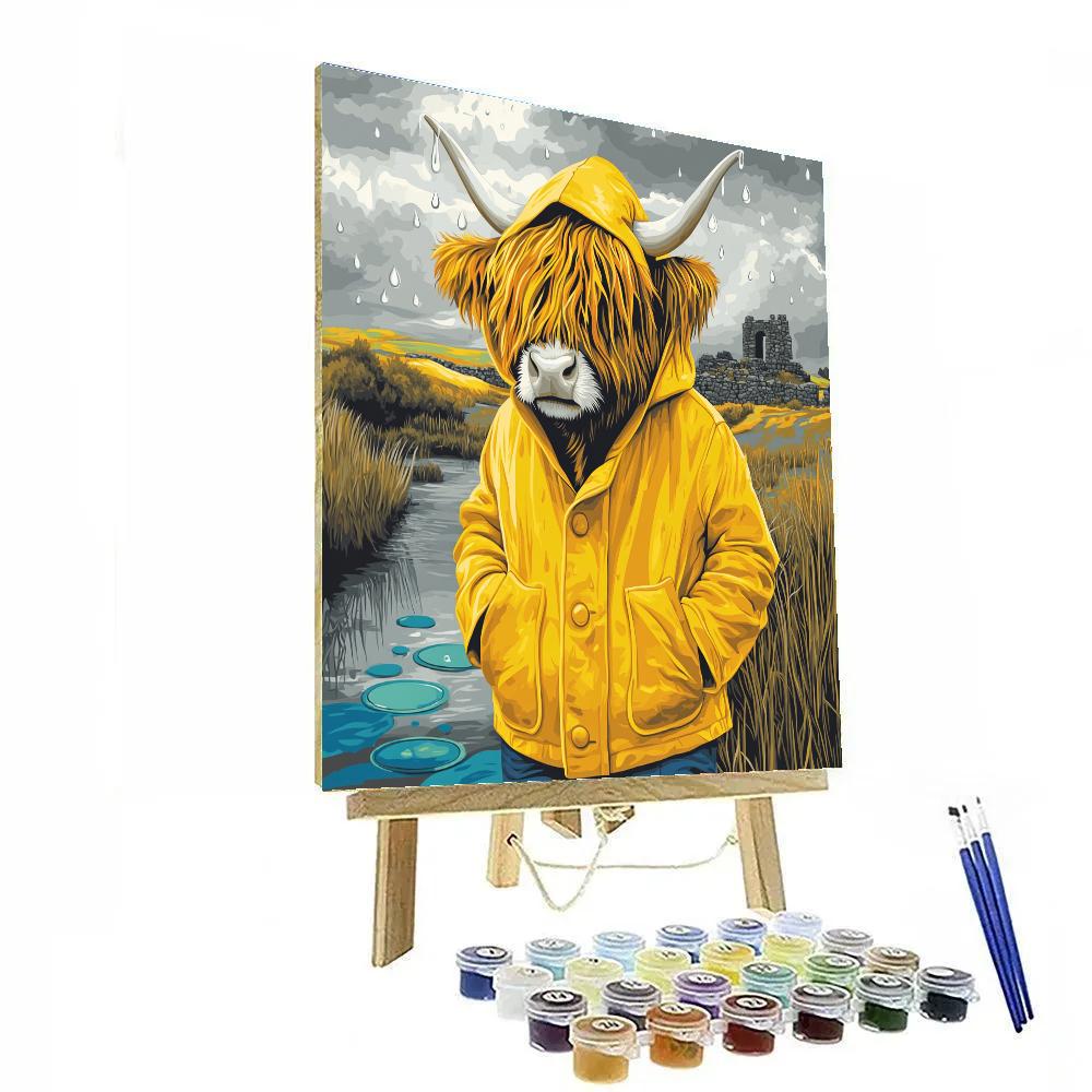 Highland Cow Raincoat In The Moor Numbered painting kits