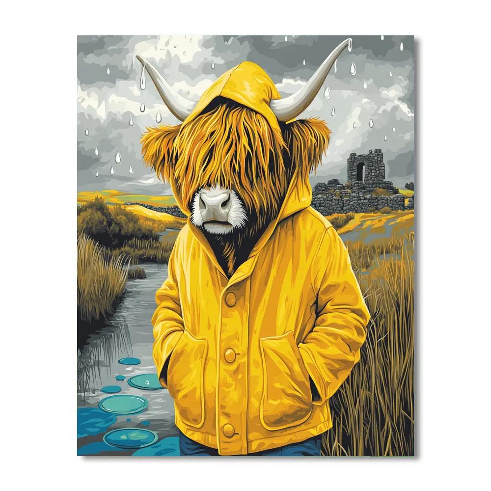 Highland Cow Raincoat In The Moor Numbered painting kits