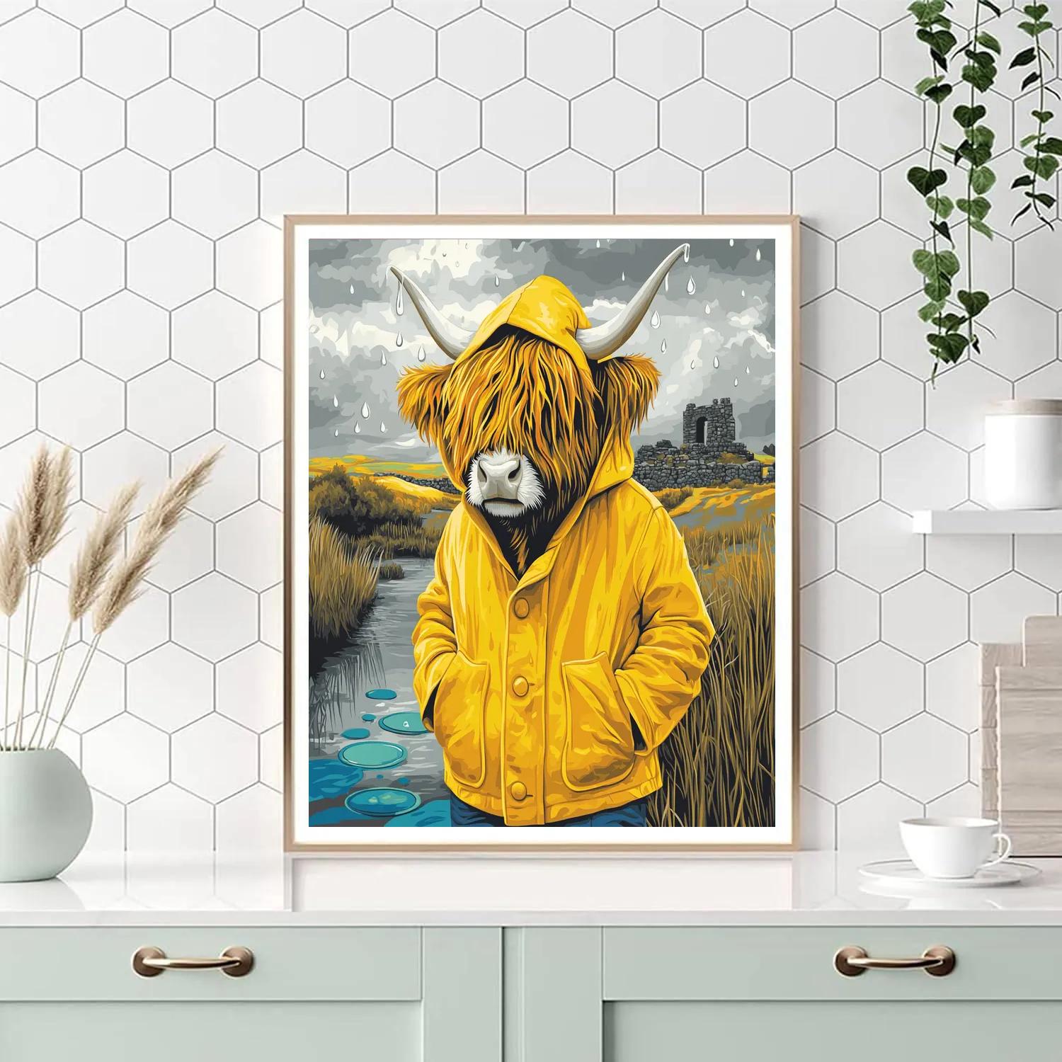 Highland Cow Raincoat In The Moor Numbered painting kits