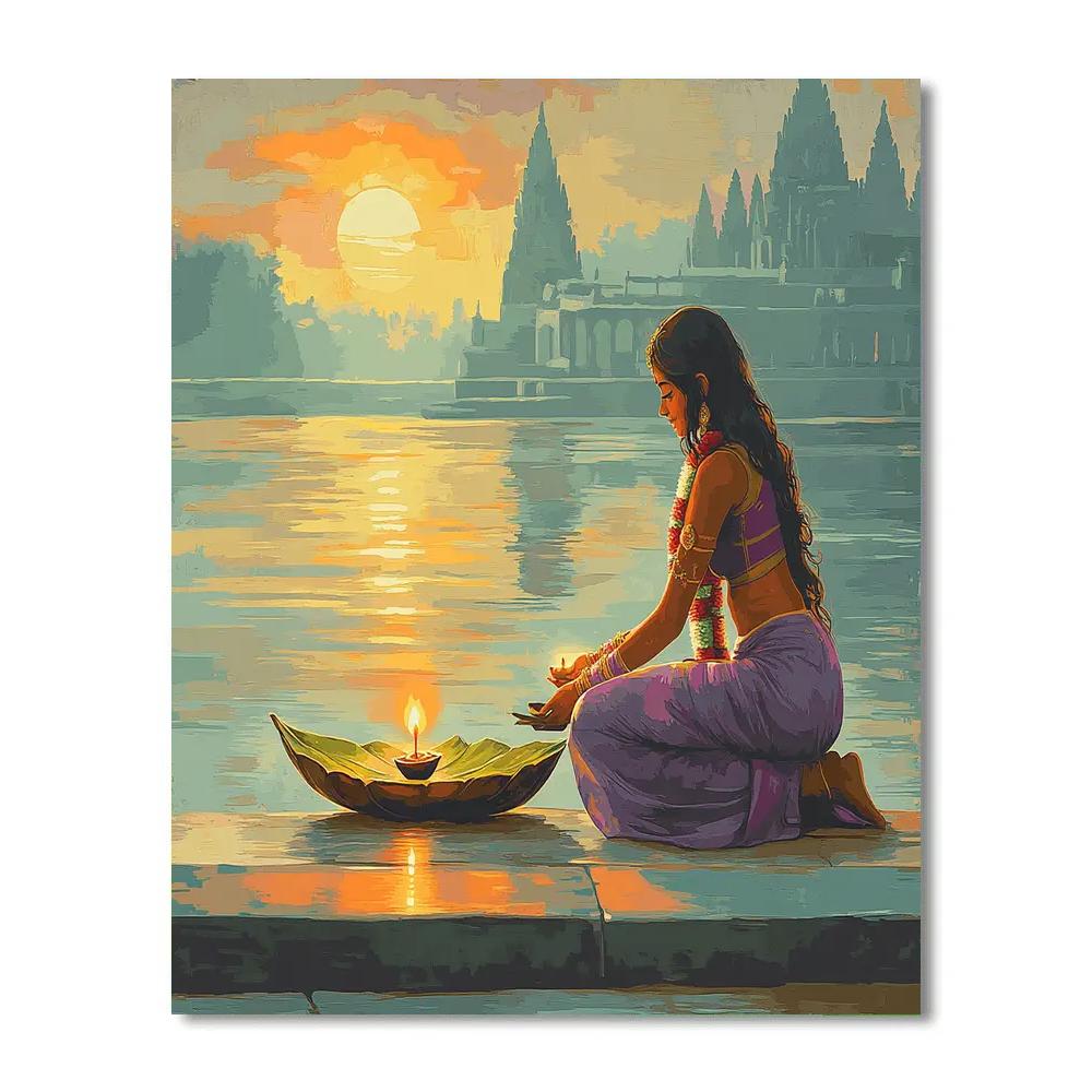 Parvati Riverbank Puja At Sunrise paint by number