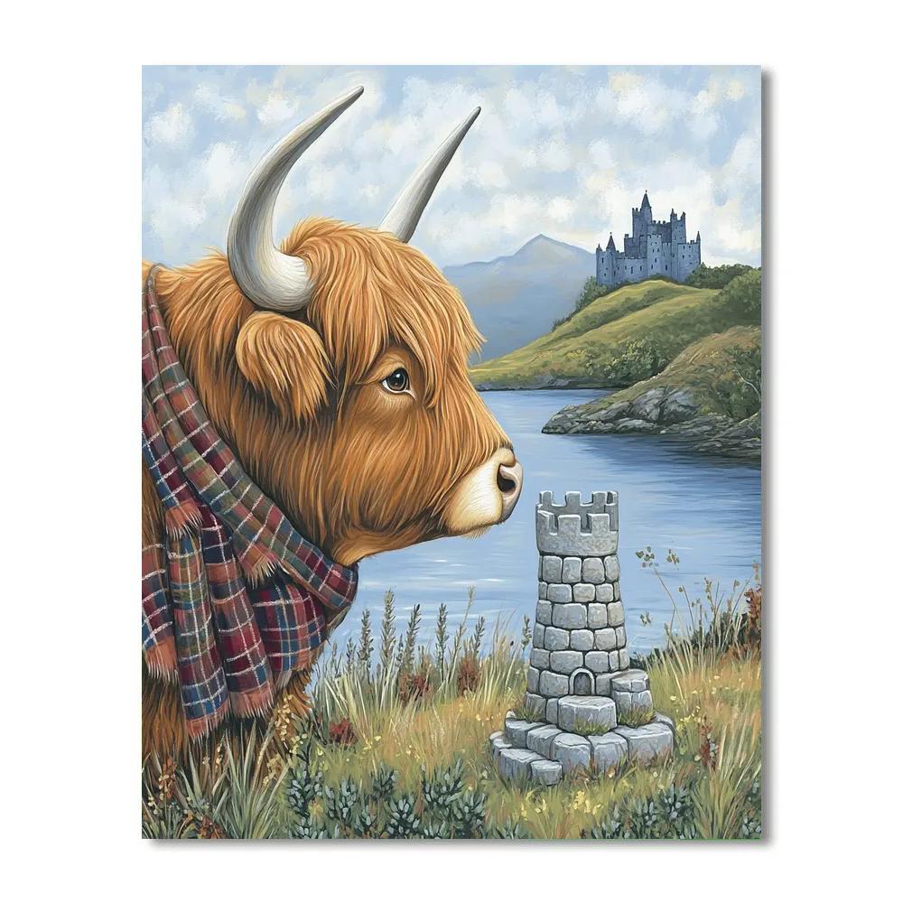 Highland Cow And The Pocket Size Castle Paint by numbers art