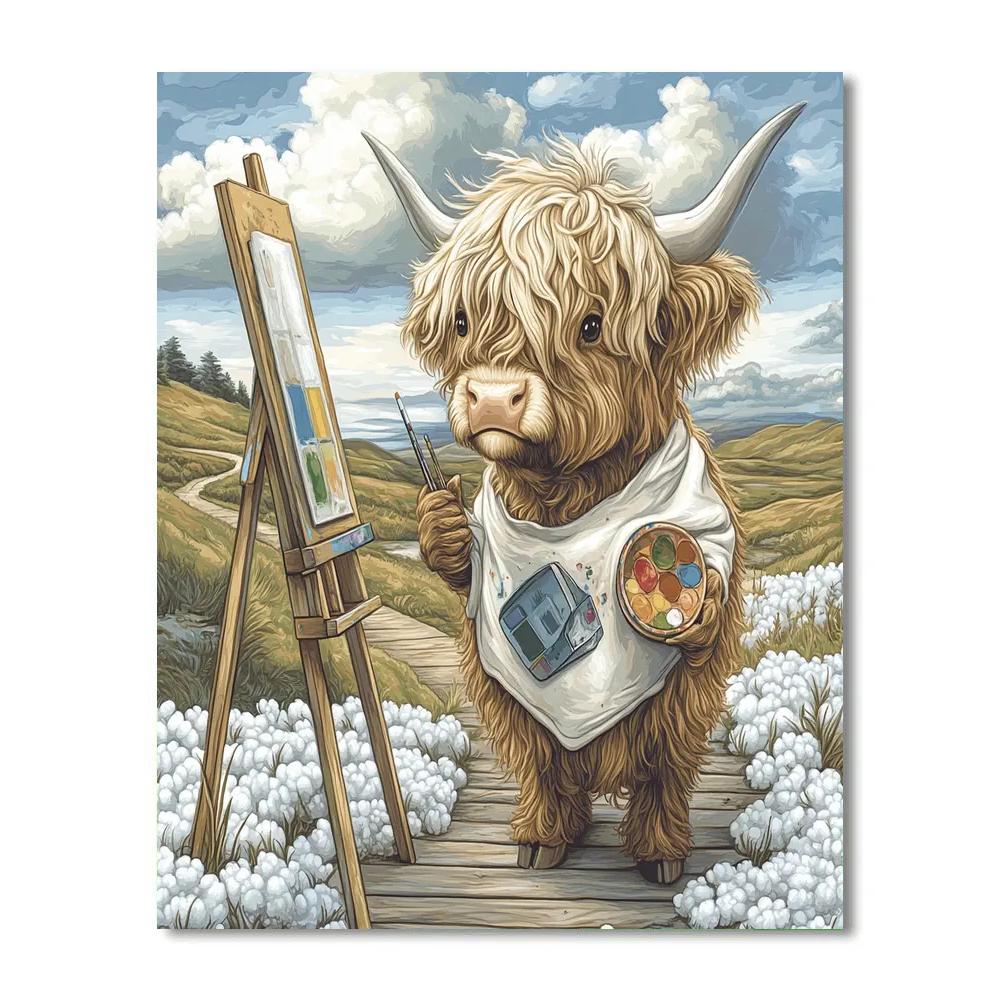 Highland Cow Artist In The Bog Cotton Field Painting by numbers kit