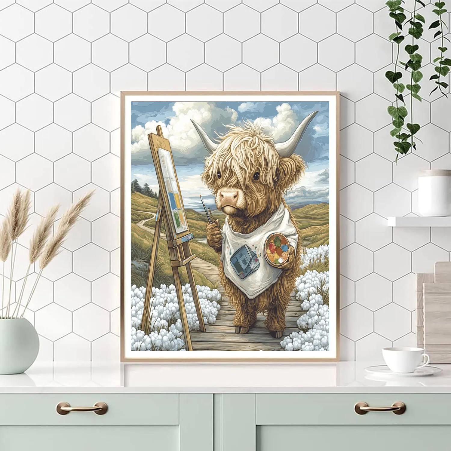 Highland Cow Artist In The Bog Cotton Field Painting by numbers kit