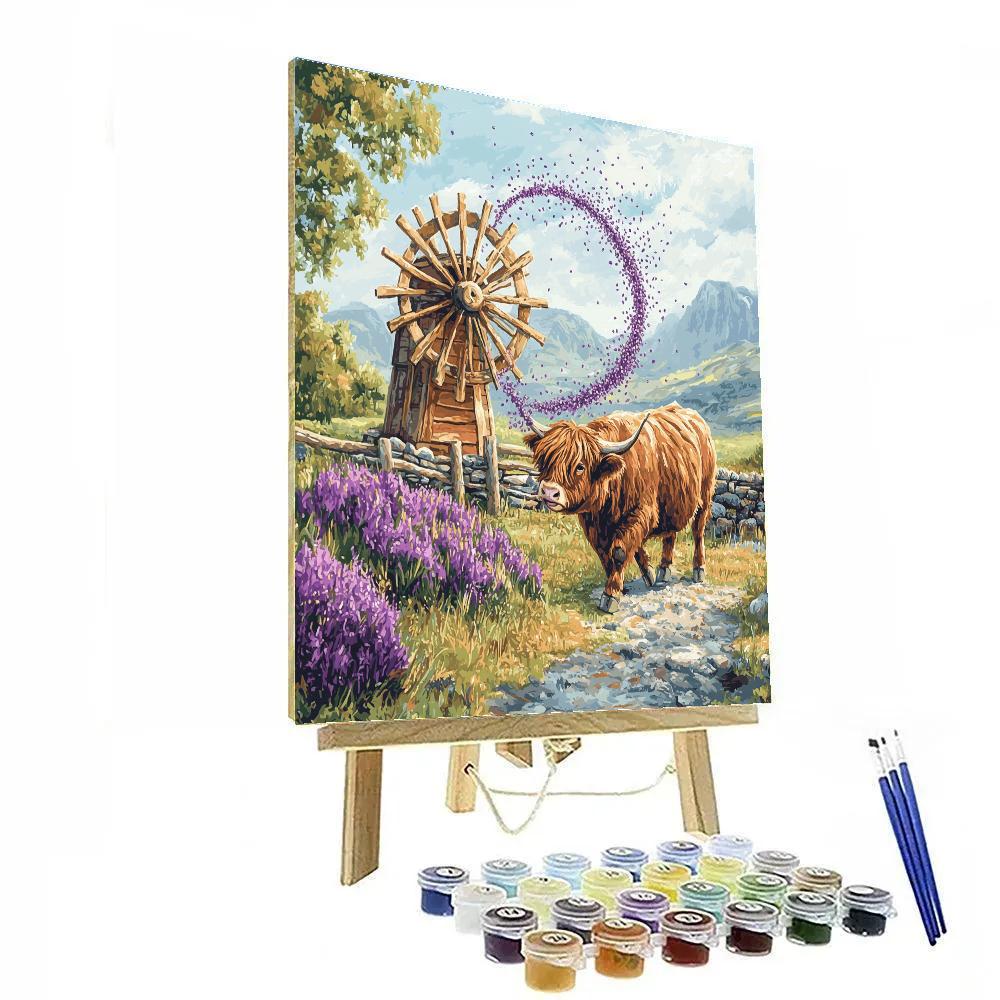Highland Cow And The Windmill Of Heather Seeds Paint by numbers kits