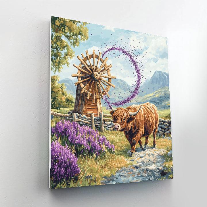 Highland Cow And The Windmill Of Heather Seeds Paint by numbers kits