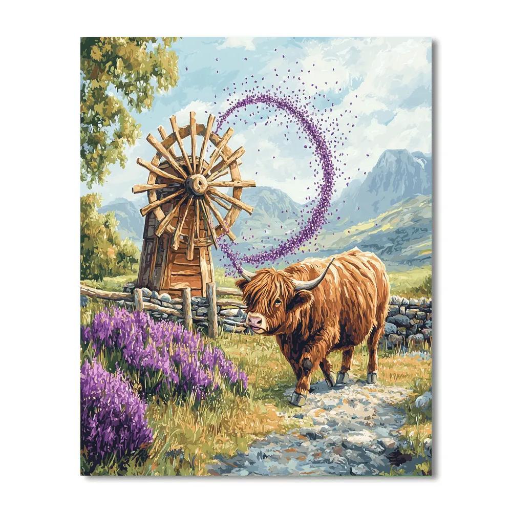 Highland Cow And The Windmill Of Heather Seeds Paint by numbers kits
