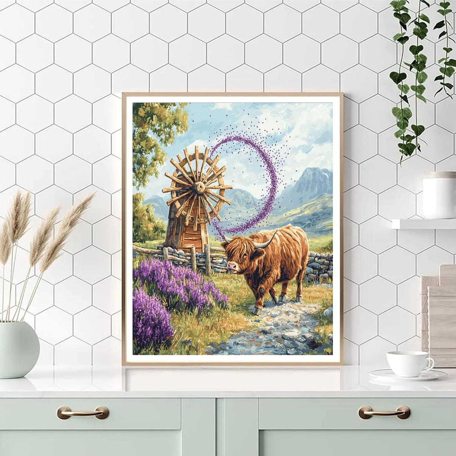 Highland Cow And The Windmill Of Heather Seeds Paint by numbers kits