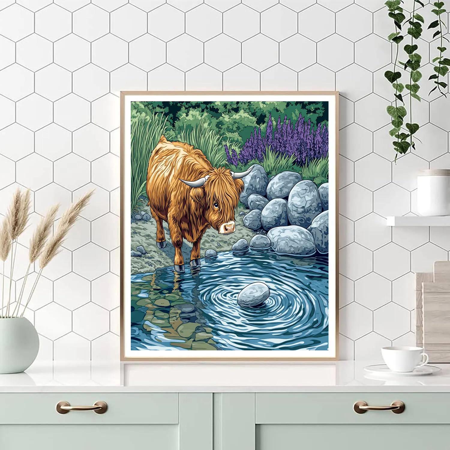 Highland Cow River Stone Skipper Numbered painting kits