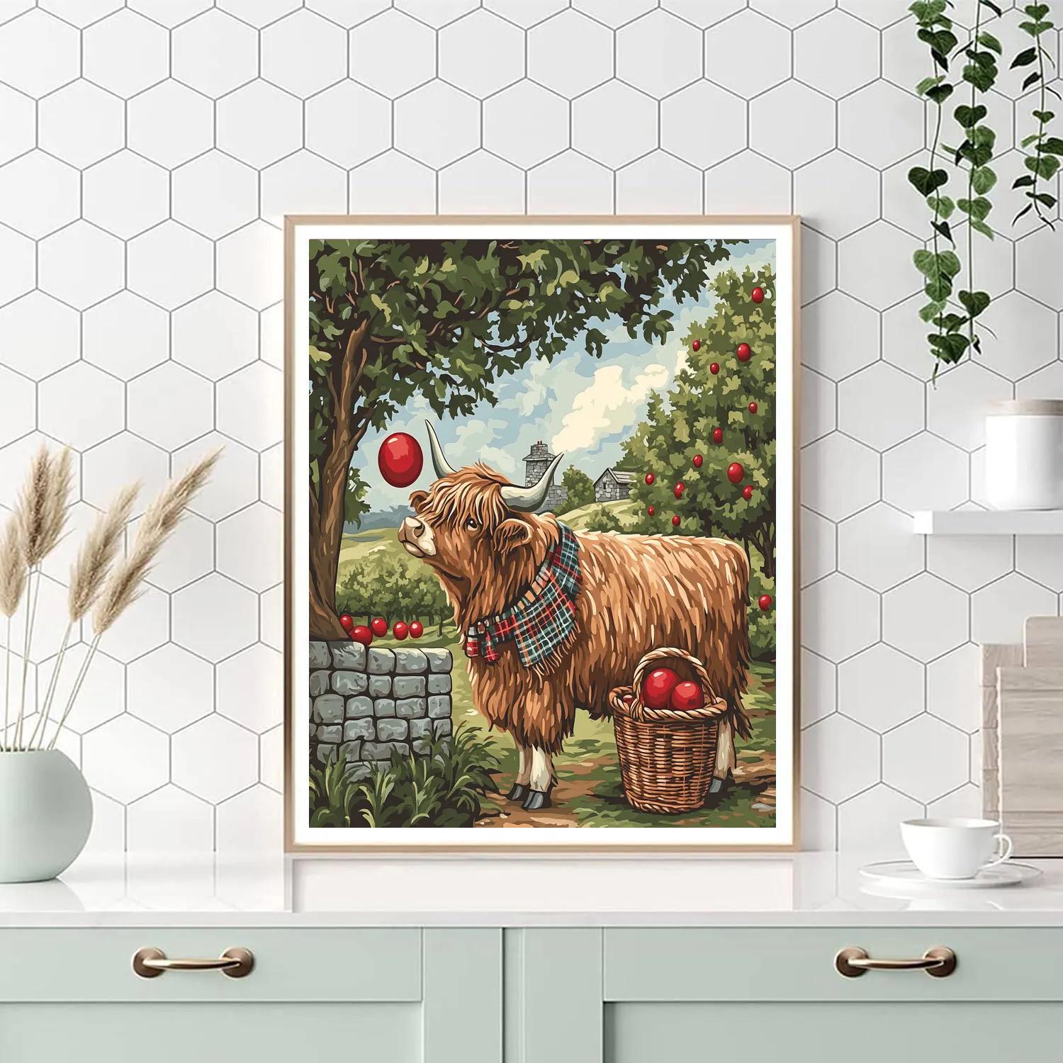 Highland Cow Orchard Apple Gatherer Numbered painting kits