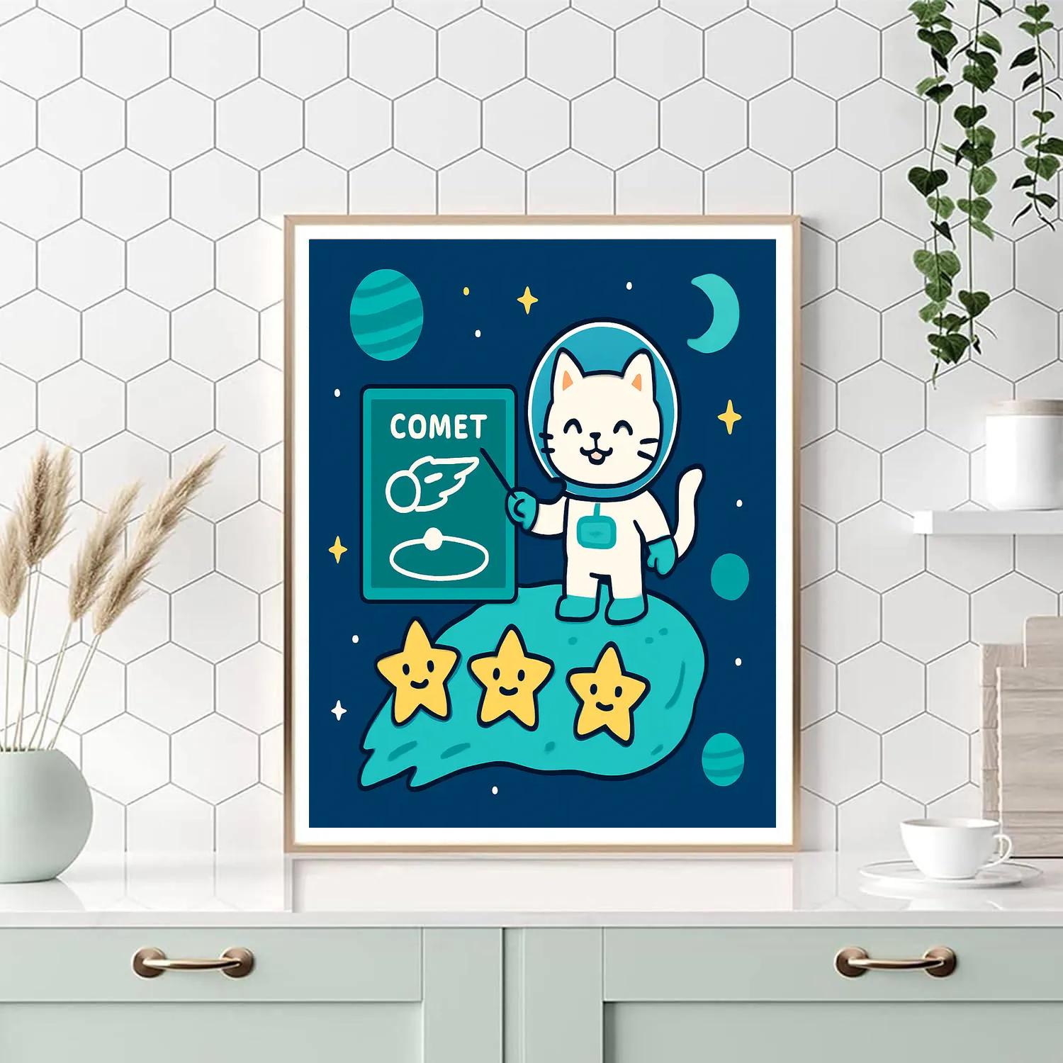 Comet Classroom With Astronaut Cat Numbered painting kits