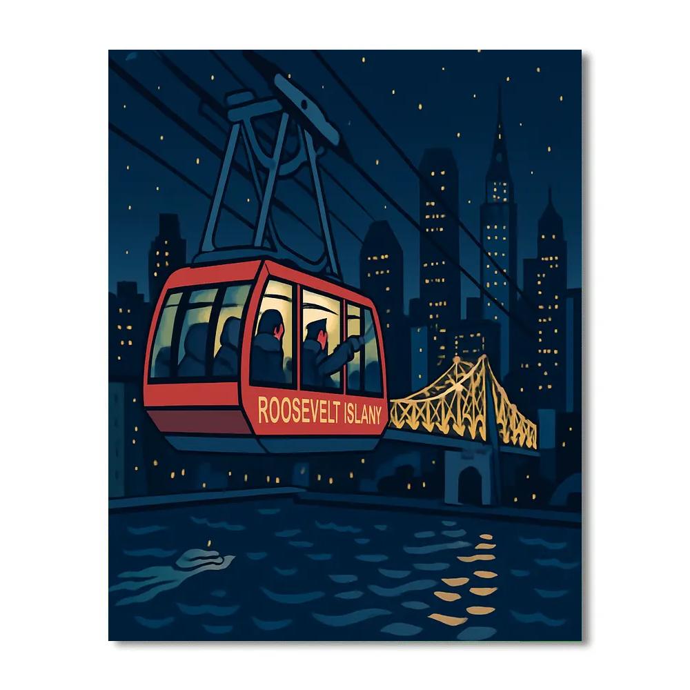 Midnight Tramway New York Over The East River paint by color