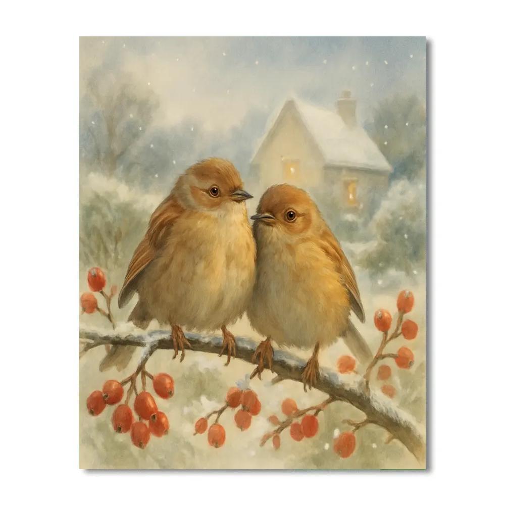 Candlelit Winter Hedge Sparrows painting number kit