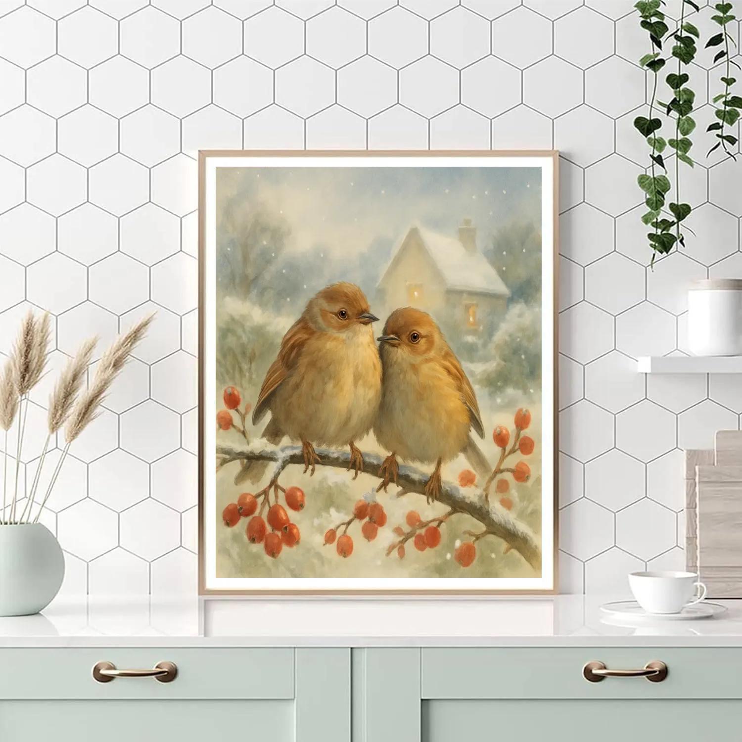 Candlelit Winter Hedge Sparrows painting number kit
