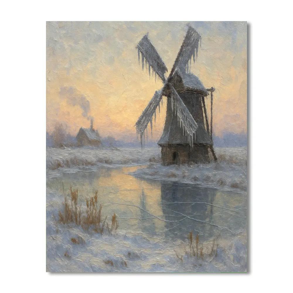 Sunrise Over The Frozen Windmill Pond Paint by numbers art