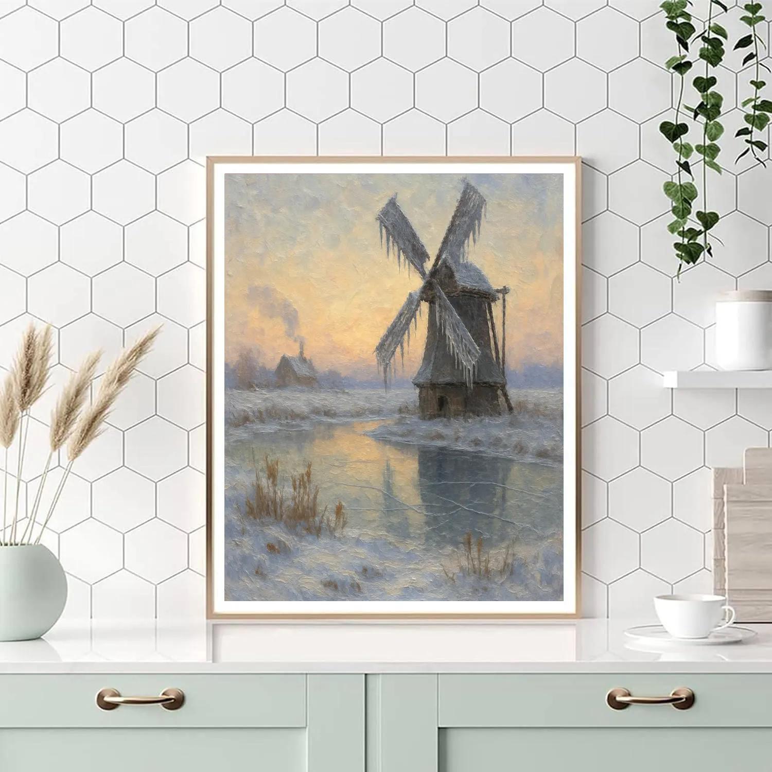 Sunrise Over The Frozen Windmill Pond Paint by numbers art