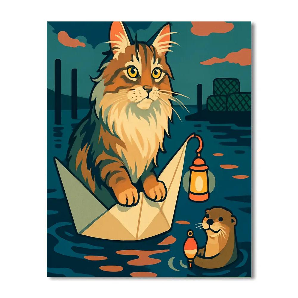 Lanternlit Harbor With Cat Lookout Number painting