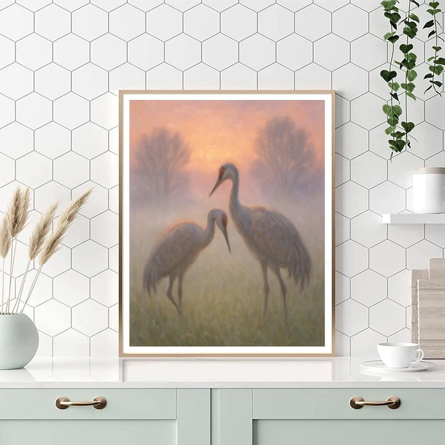 Lavender Dawn Cranes In A Meadow Fog Paint by numbers kits